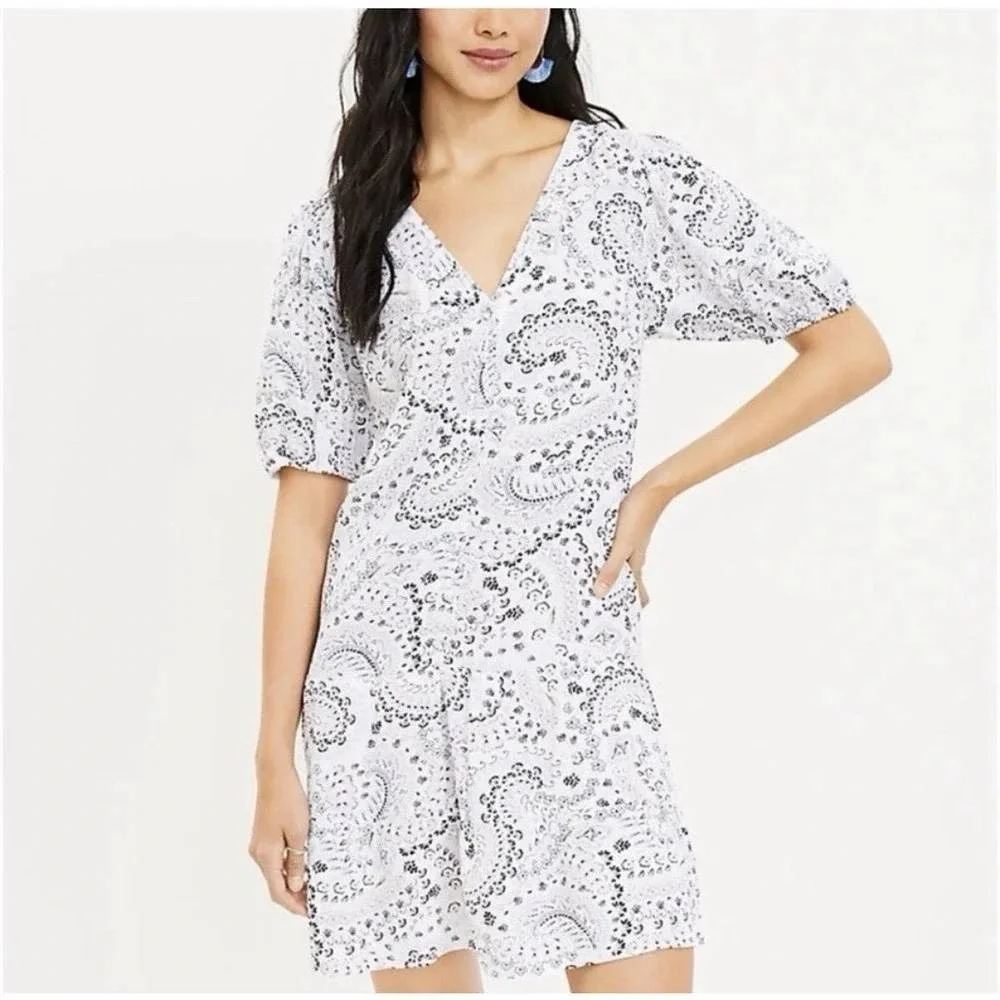 Loft Swing Dress Womens L White Blue Paisley Floral Puff Sleeve V-Neck Boho